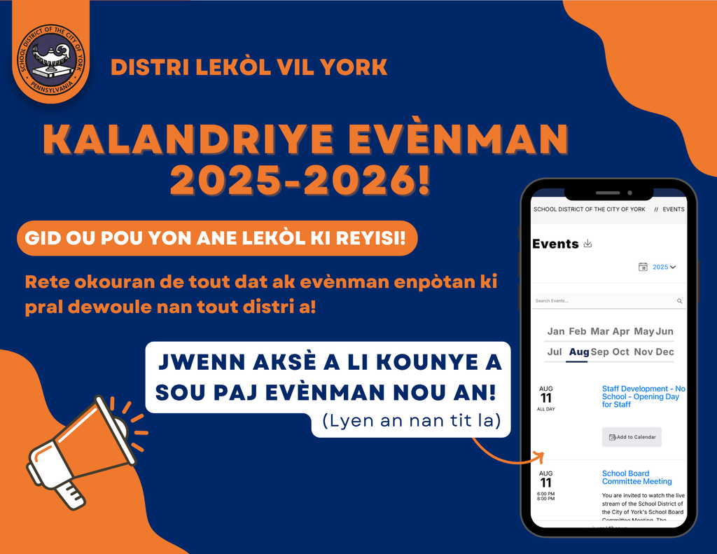 Graphic for the School District of the City of York's 2025-2026 Events Calendar with the words "Your guide to a successful school year! Stay updated on all of the important dates and events that will be happening across the district! Access it now on our events page! (Link is in the caption)"