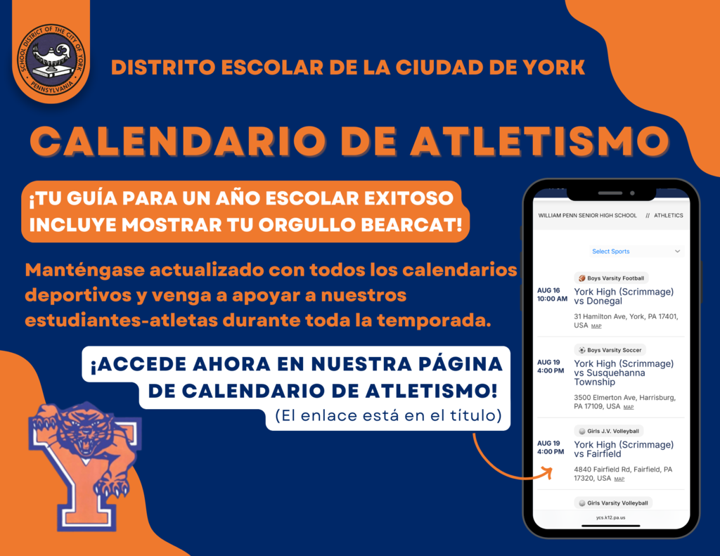 Graphic for the School District of the City of York's Athletics Schedule with the words "Your guide to a successful school year includes showing your Bearcat Pride! Stay up to date with all athletic schedules and come out to support our student-athletes all season long. Access it now on our Athletics Schedule page! (Link is in the caption)"