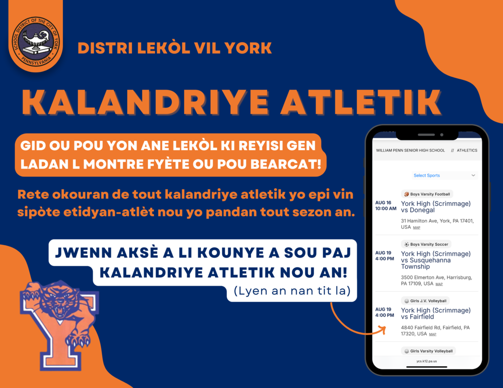 Graphic for the School District of the City of York's Athletics Schedule with the words "Your guide to a successful school year includes showing your Bearcat Pride! Stay up to date with all athletic schedules and come out to support our student-athletes all season long. Access it now on our Athletics Schedule page! (Link is in the caption)"