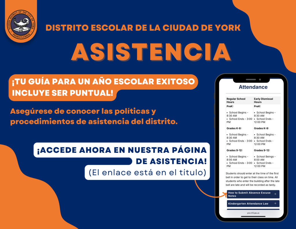 Graphic for the School District of the City of York's Attendance Page with the words "Your Guide to a successful school year includes being on time! Access it now on our Attendance Webpage! (Link is in the caption)"