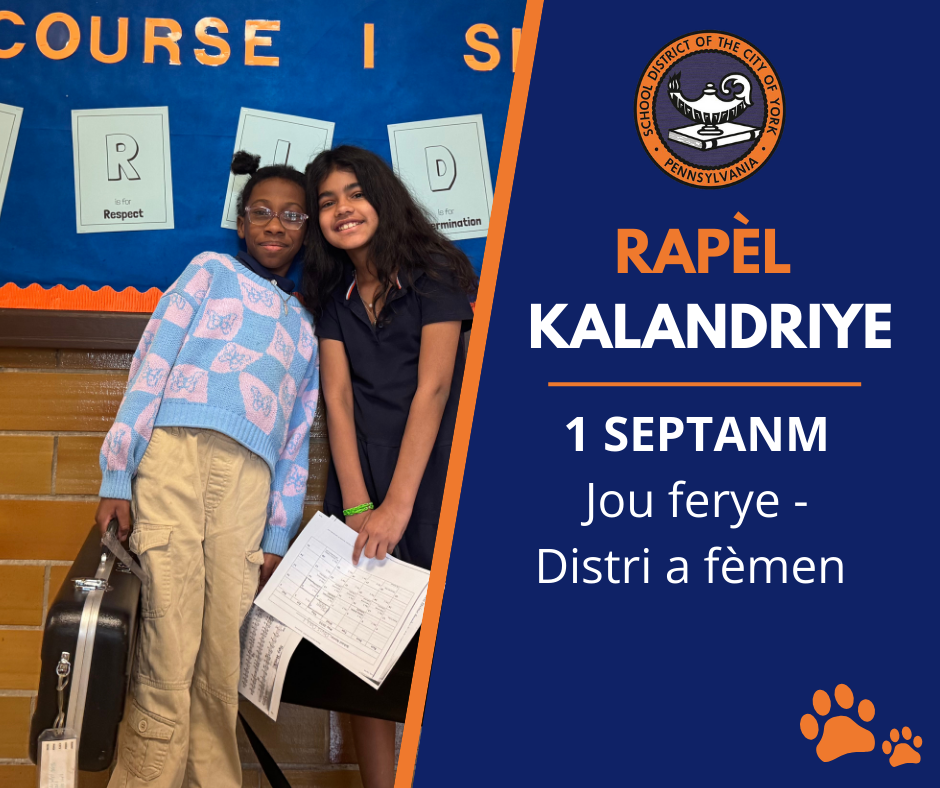Two students posing together in front of a colorful backdrop with a calendar reminder about a school holiday on September 1.