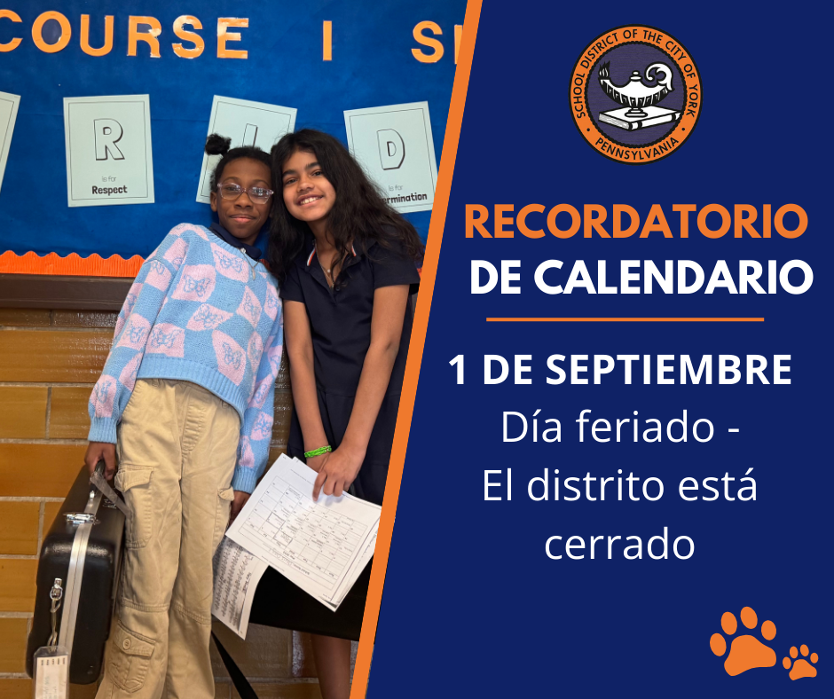 Two students posing together in front of a colorful backdrop with a calendar reminder about a school holiday on September 1.