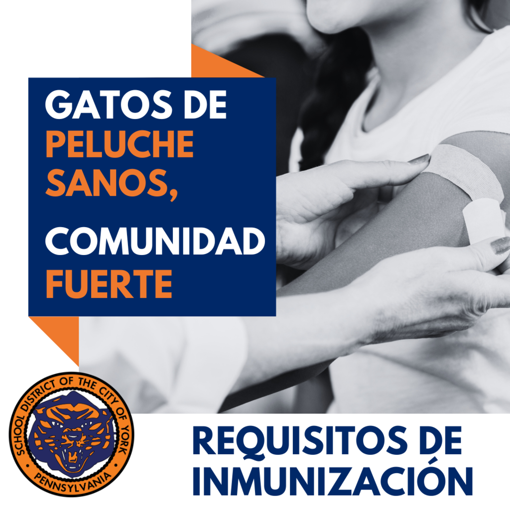 A healthcare professional administers a vaccine to a child's arm, emphasizing the importance of immunization for community health. The School District of the City of York's logo is in the bottom left corner of the graphic.