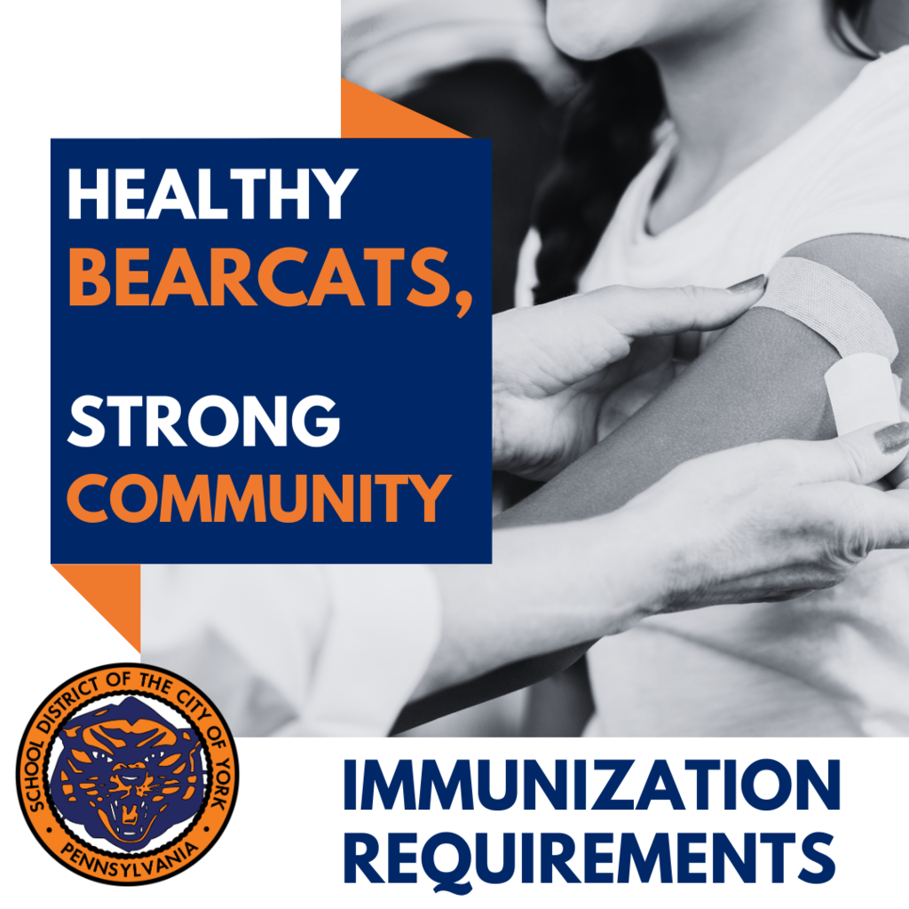 A healthcare professional administers a vaccine to a child's arm, emphasizing the importance of immunization for community health. The School District of the City of York's logo is in the bottom left corner of the graphic.