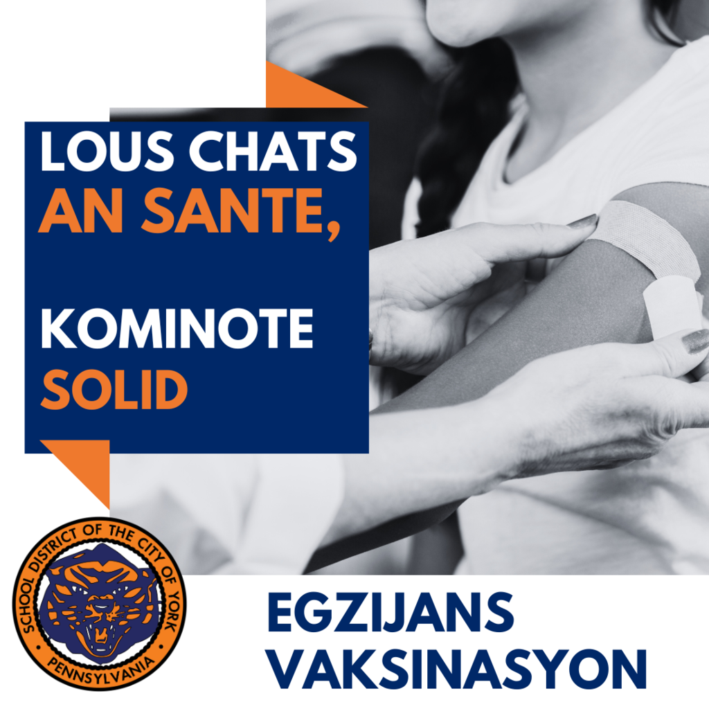 A healthcare professional administers a vaccine to a child's arm, emphasizing the importance of immunization for community health. The School District of the City of York's logo is in the bottom left corner of the graphic.