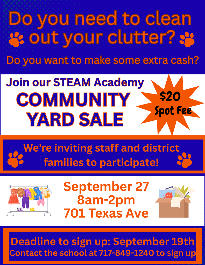 STEAM Yard sale poster - reserve your spot by calling 717-849-1240   English