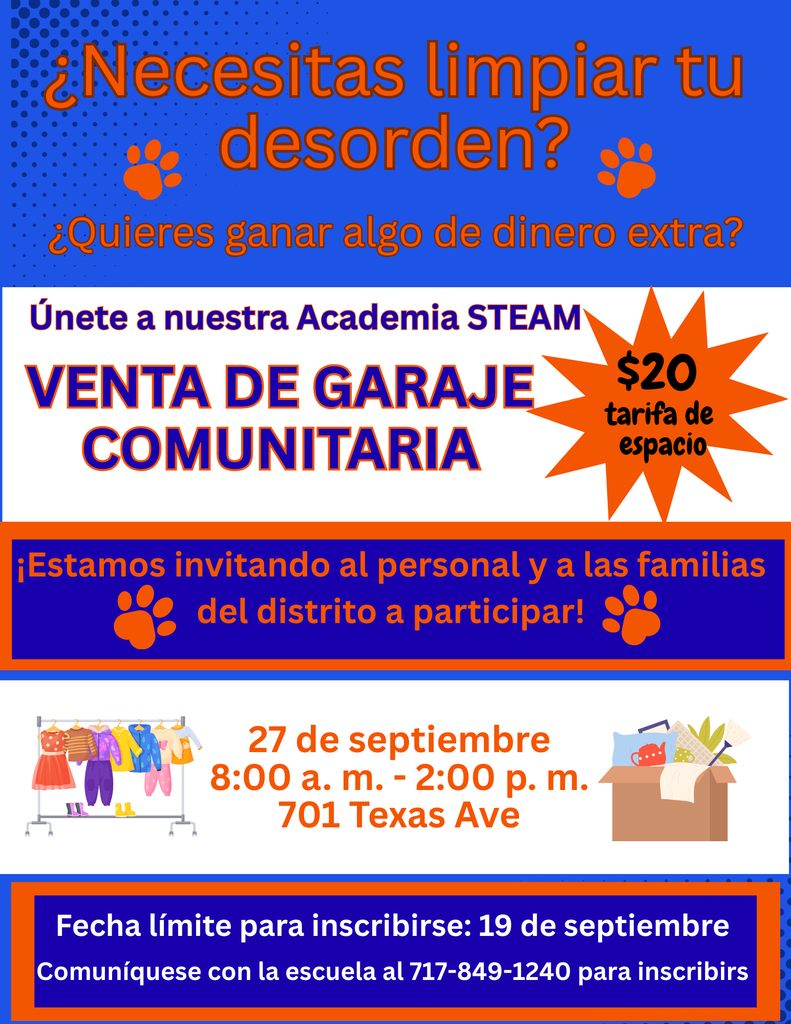 STEAM Yard sale poster - reserve your spot by calling 717-849-1240   Spanish