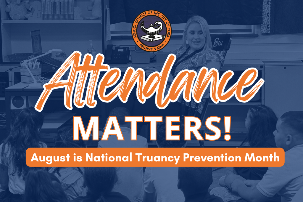 A graphic with a classroom scene in the background, emphasizing attendance with the text "Attendance Matters! August is National Truancy Prevention Month."