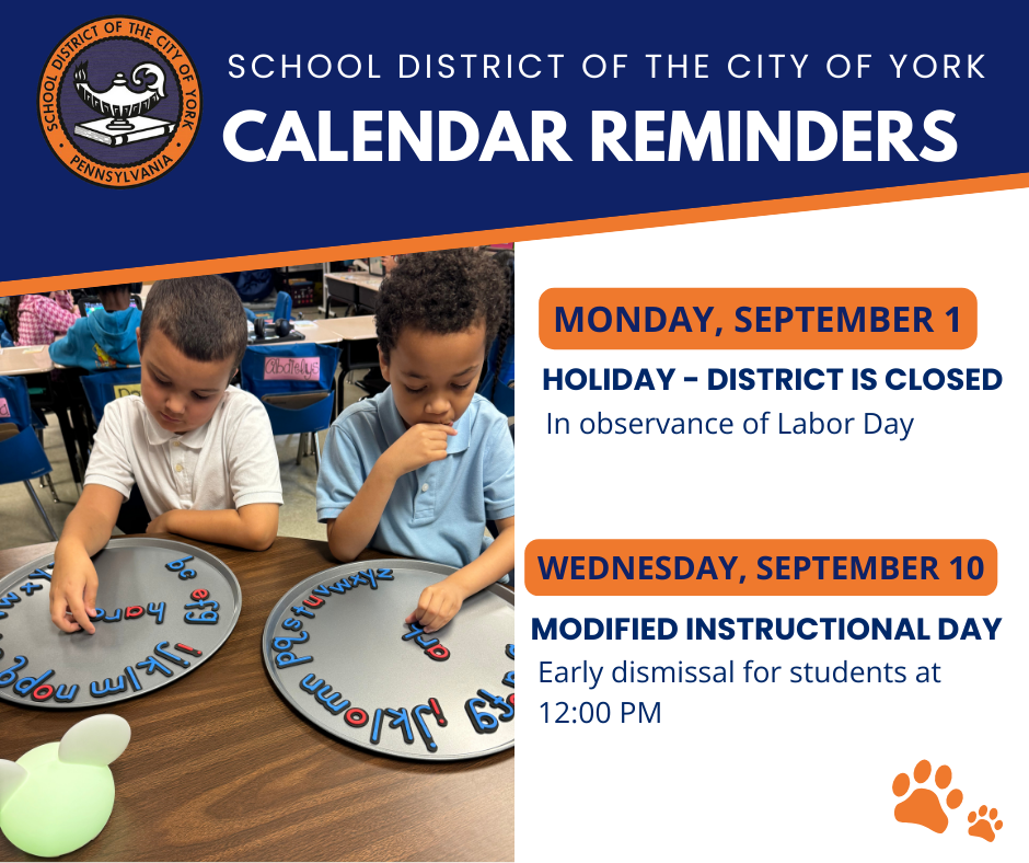 Two young children engaging with educational tools on a table. The graphic announces school calendar reminders: closed on September 1 for Labor Day, and an early dismissal on September 10.