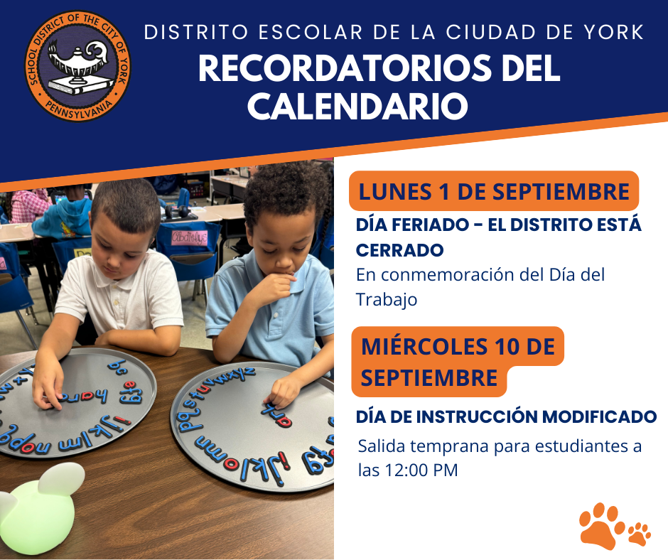 Two young children engaging with educational tools on a table. The graphic announces school calendar reminders: closed on September 1 for Labor Day, and an early dismissal on September 10.