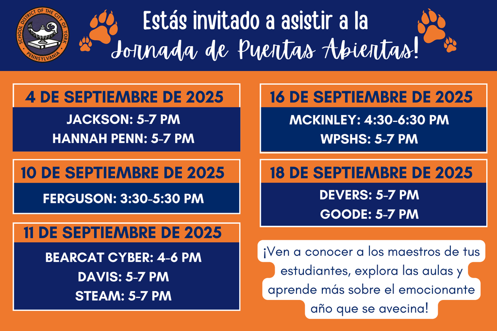 Event schedule for upcoming Open Houses, listing dates and times for various school buildings in the School District of the City of York.