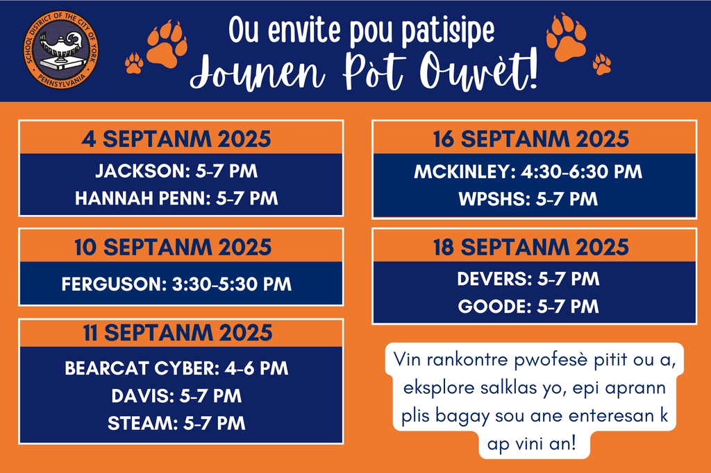 Event schedule for upcoming Open Houses, listing dates and times for various school buildings in the School District of the City of York.