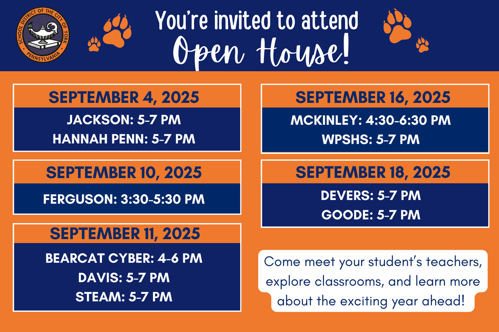 Event schedule for upcoming Open Houses, listing dates and times for various school buildings in the School District of the City of York.