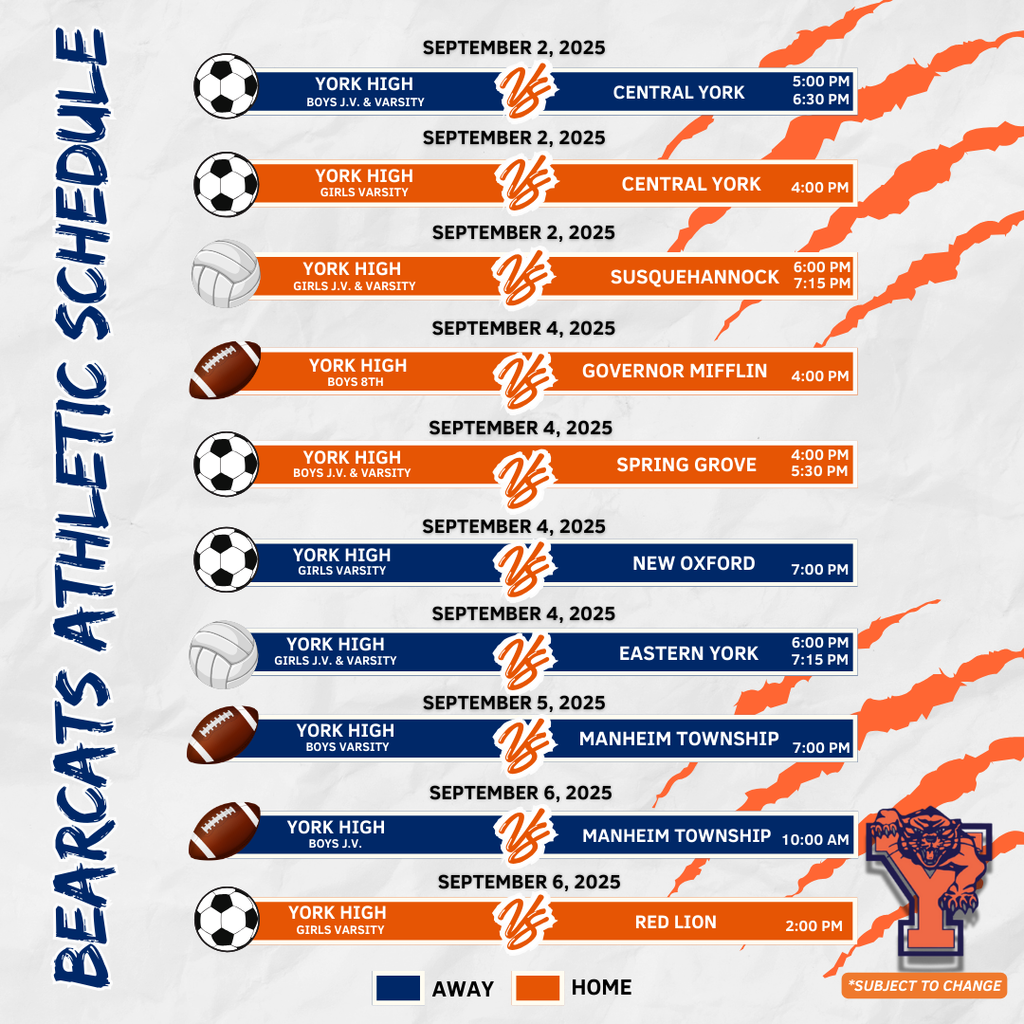 Bearcats Athletic Schedule for the School District of the City of York.