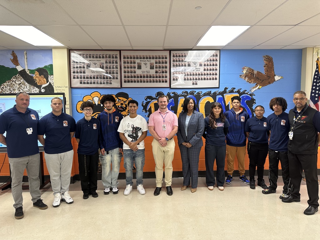 William Penn Senior High School JROTC Cadets, local historian Samantha Dorm and abc27 News Reporter, Harry Murphy pose for a group photo.