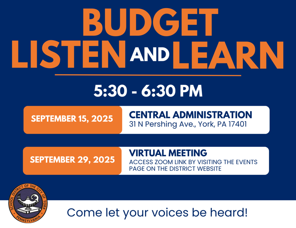 Event announcement for "Budget Listen and Learn" meetings on September 15 and 29, 2025, in York, PA. Join to share your input!
