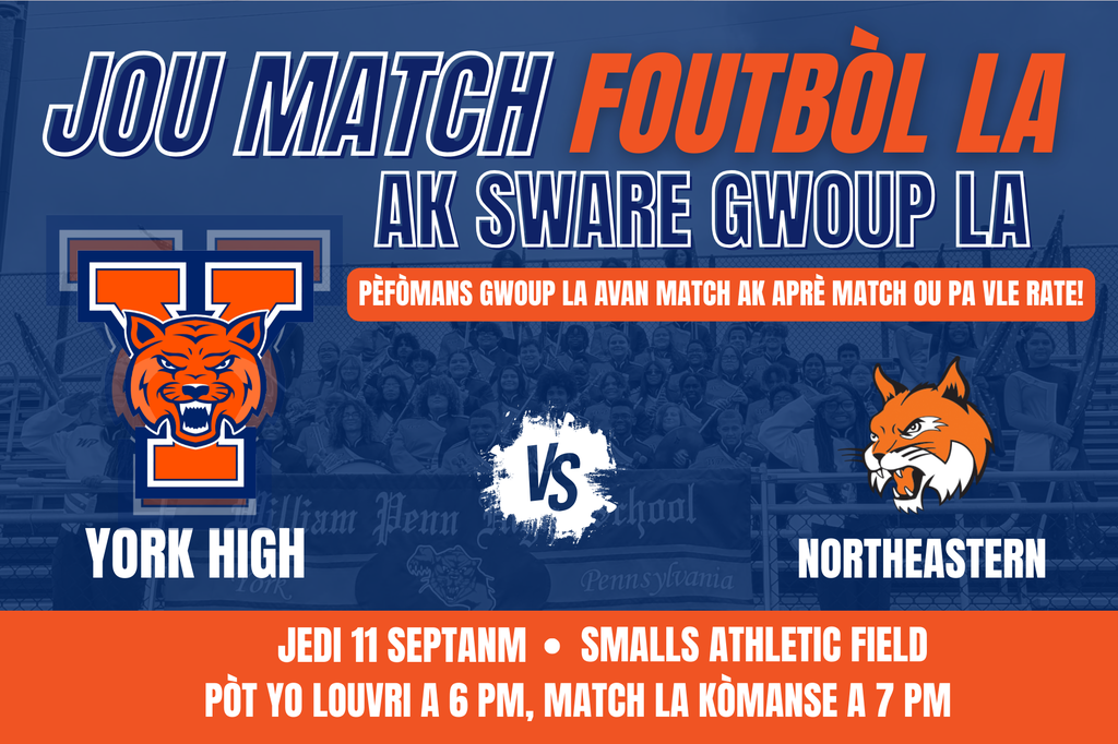Promotional graphic for York High Football Gameday and Band Night. York High vs. Northeastern on Thursday, September 11th at Smalls Athletic Field. Gates open at 6 PM, game begins at 7 PM. Pre-game and post-game band performances included.