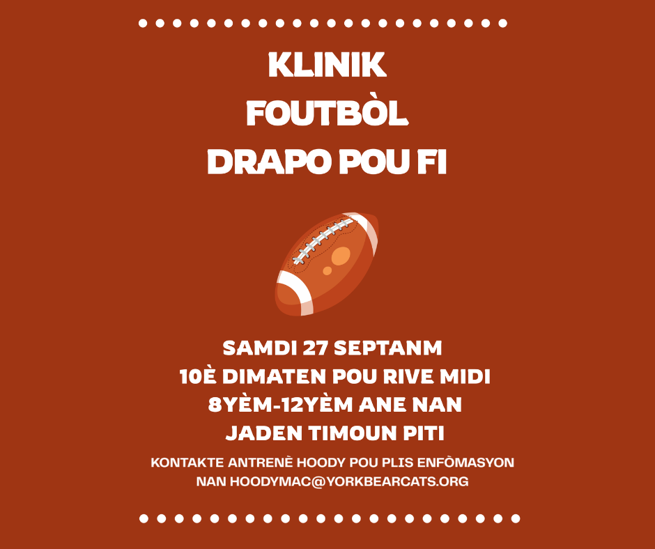 Promotional graphic for a girls flag football clinic on September 27th, 10 AM-12 PM, for grades 8-12 at Smalls Field. Contact info included.