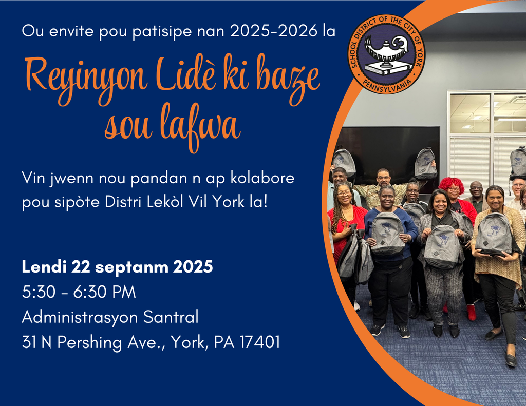 The School District of the City of York's Faith-Based Leaders Group holding backpacks stands in front of a presentation screen, inviting collaboration for the upcoming Faith-Based Leaders Meeting.