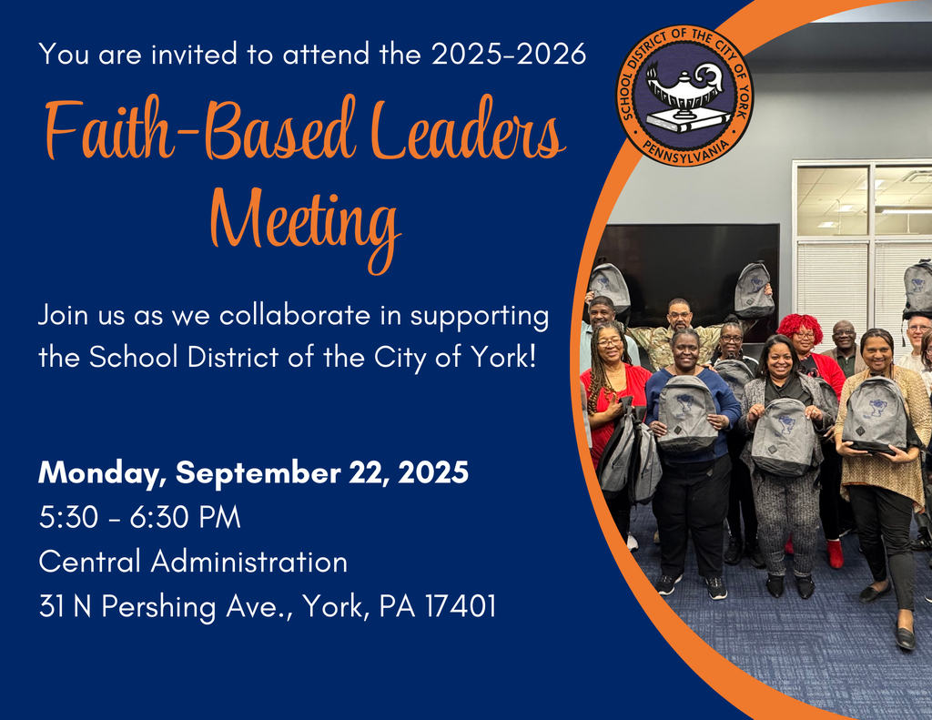 The School District of the City of York's Faith-Based Leaders Group holding backpacks stands in front of a presentation screen, inviting collaboration for the upcoming Faith-Based Leaders Meeting.