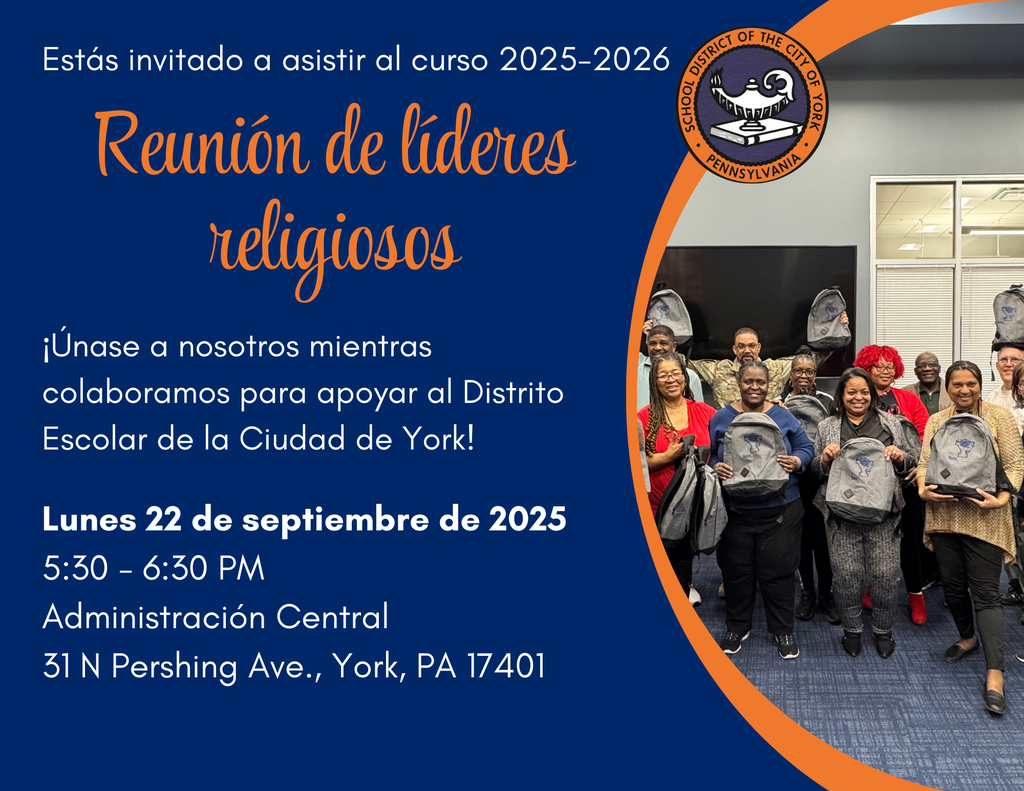 The School District of the City of York's Faith-Based Leaders Group holding backpacks stands in front of a presentation screen, inviting collaboration for the upcoming Faith-Based Leaders Meeting.