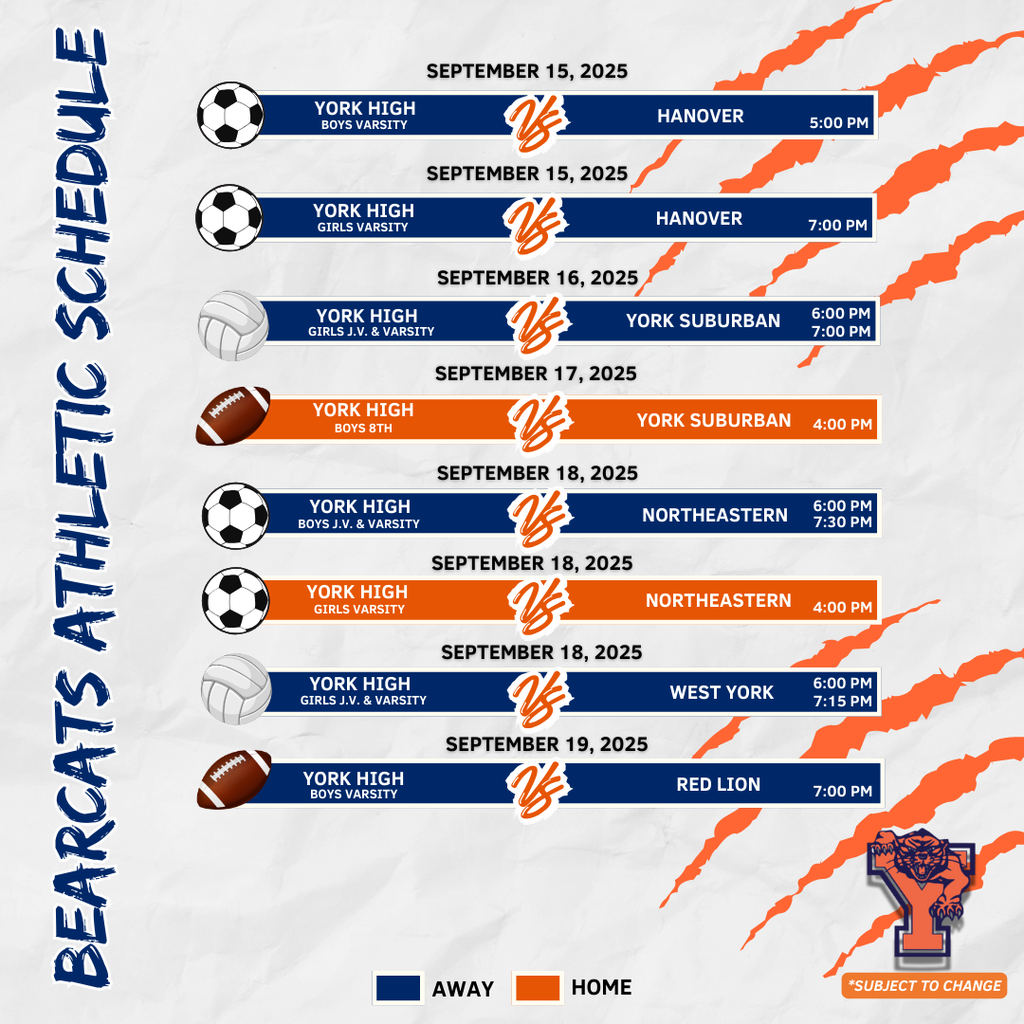 Bearcats Athletic Schedule for the School District of the City of York.
