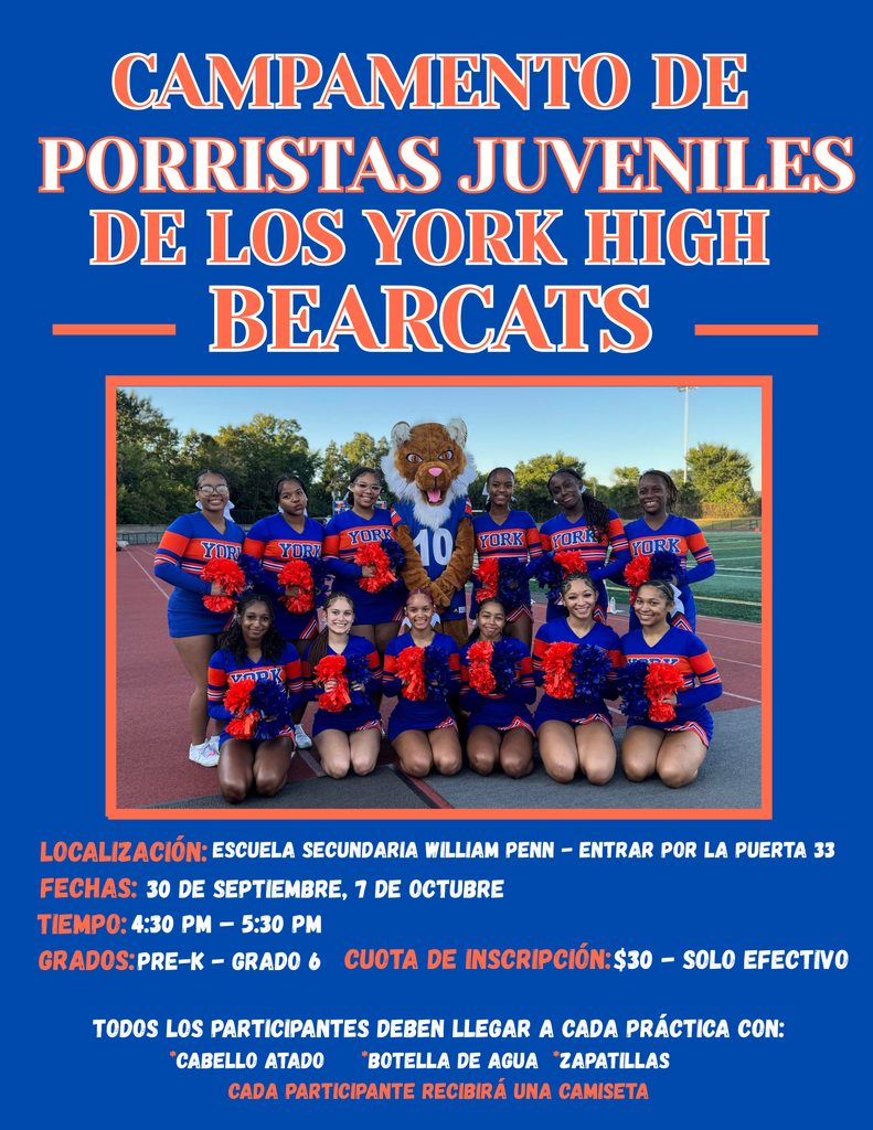 York High Bearcats Youth Cheerleading Camp flyer featuring York High Varsity Cheerleaders in blue and orange uniforms with the Bearcat mascot, detailing location, dates, and registration info.