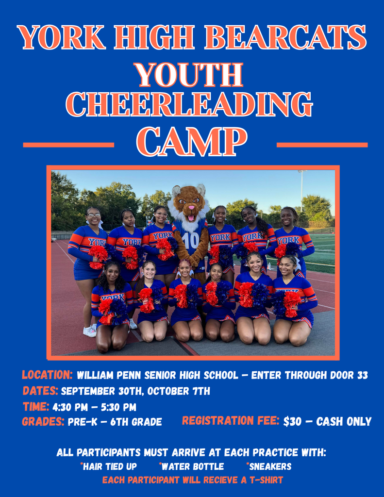 York High Bearcats Youth Cheerleading Camp flyer featuring York High Varsity Cheerleaders in blue and orange uniforms with the Bearcat mascot, detailing location, dates, and registration info.
