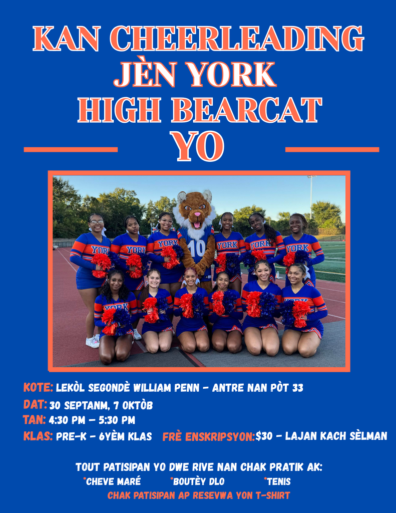 York High Bearcats Youth Cheerleading Camp flyer featuring York High Varsity Cheerleaders in blue and orange uniforms with the Bearcat mascot, detailing location, dates, and registration info.