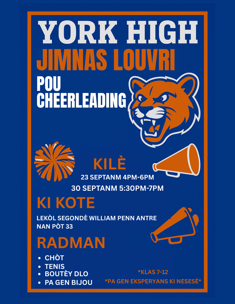 Flyer for York High Cheerleading Open Gyms, detailing dates, location, attire, and encouraging participation for grades 7-12.