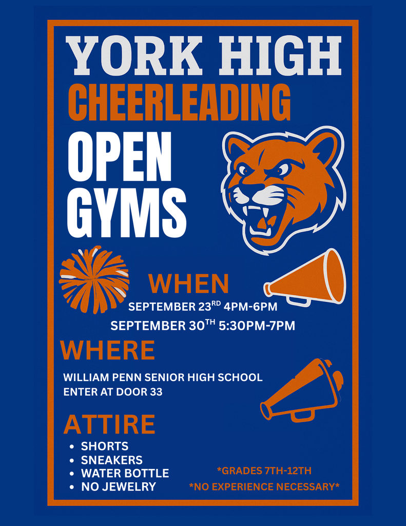 Flyer for York High Cheerleading Open Gyms, detailing dates, location, attire, and encouraging participation for grades 7-12.