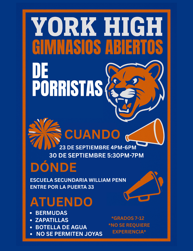 Flyer for York High Cheerleading Open Gyms, detailing dates, location, attire, and encouraging participation for grades 7-12.