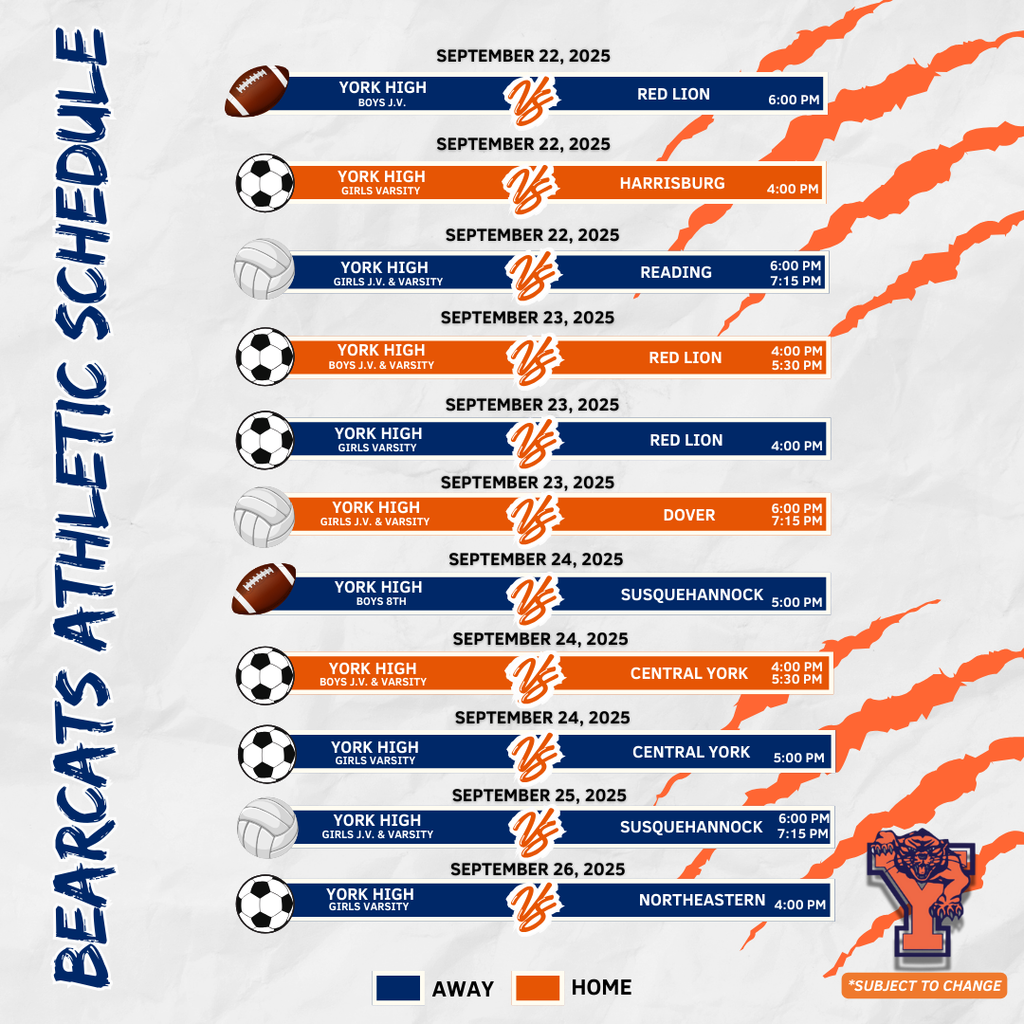 Bearcats Athletic Schedule for the School District of the City of York.