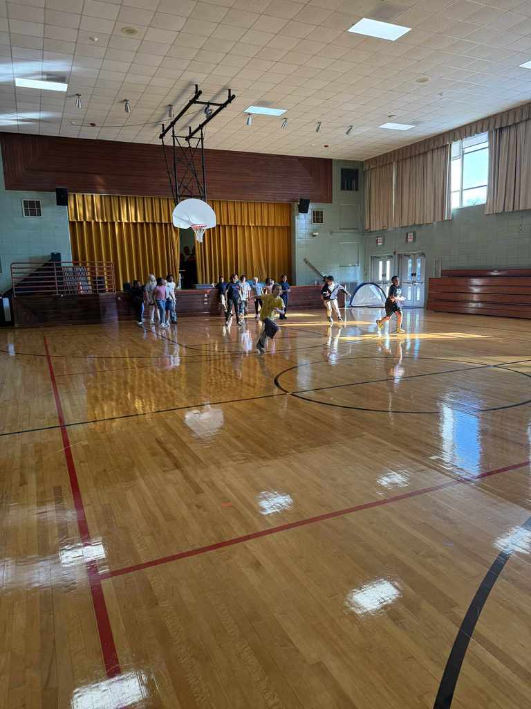 A group of students running and playing in a sunlit gymnasium with a basketball hoop nearby.