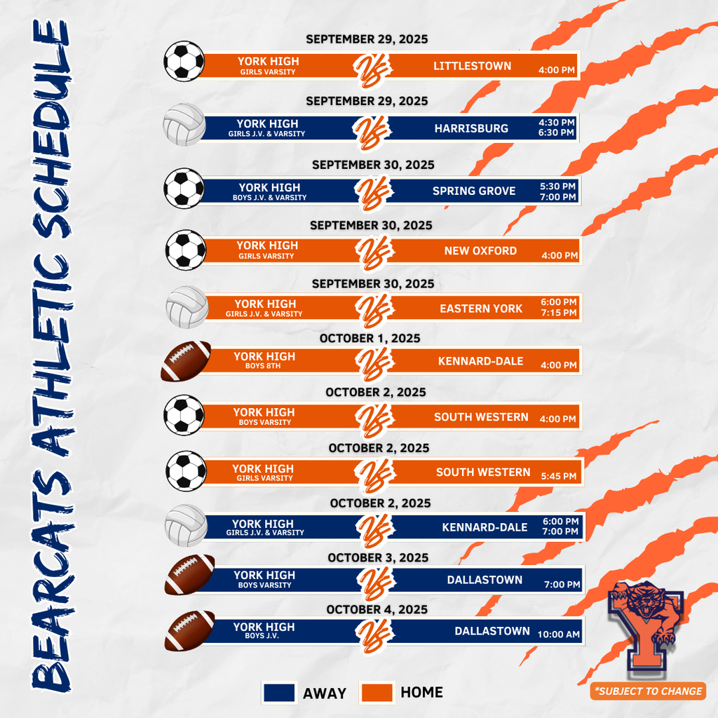 Bearcats Athletic Schedule for the School District of the City of York.