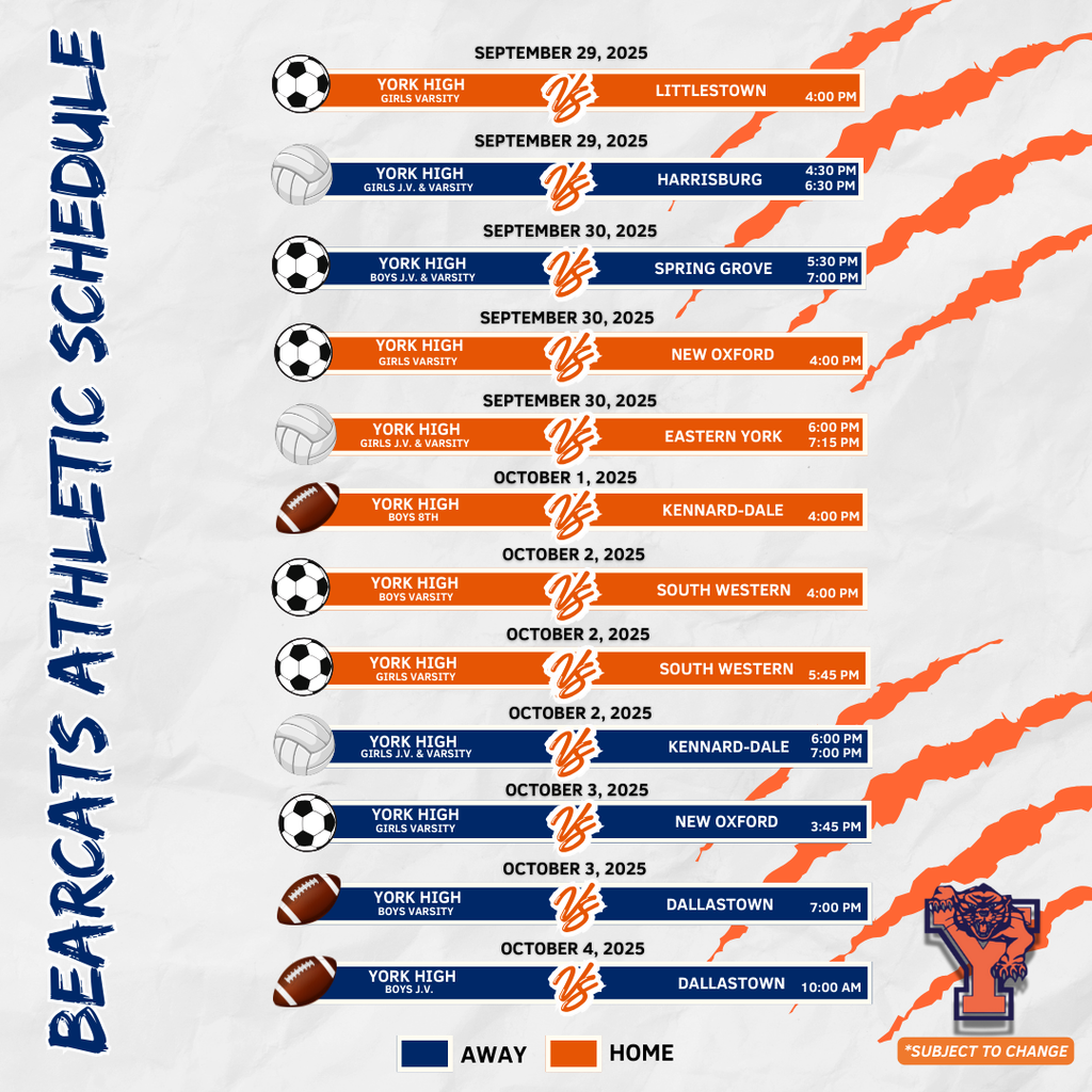 Bearcats Athletic Schedule for the School District of the City of York.