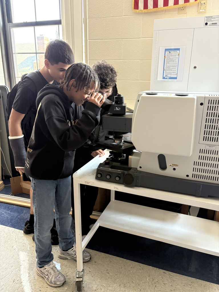 A group of students looking into a microscope in a classroom setting.