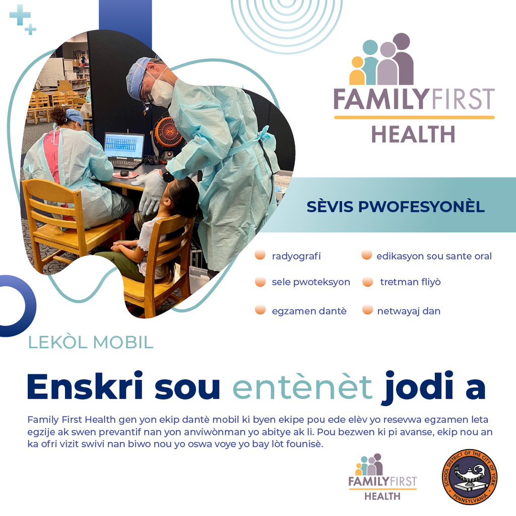 Image promoting Family First Health's mobile school dental clinic. It shows a dentist and assistant treating a child in a cheerful setting. Services offered include X-rays, dental exams, cleanings, protective sealants, and fluoride treatments. The text encourages signing up online.