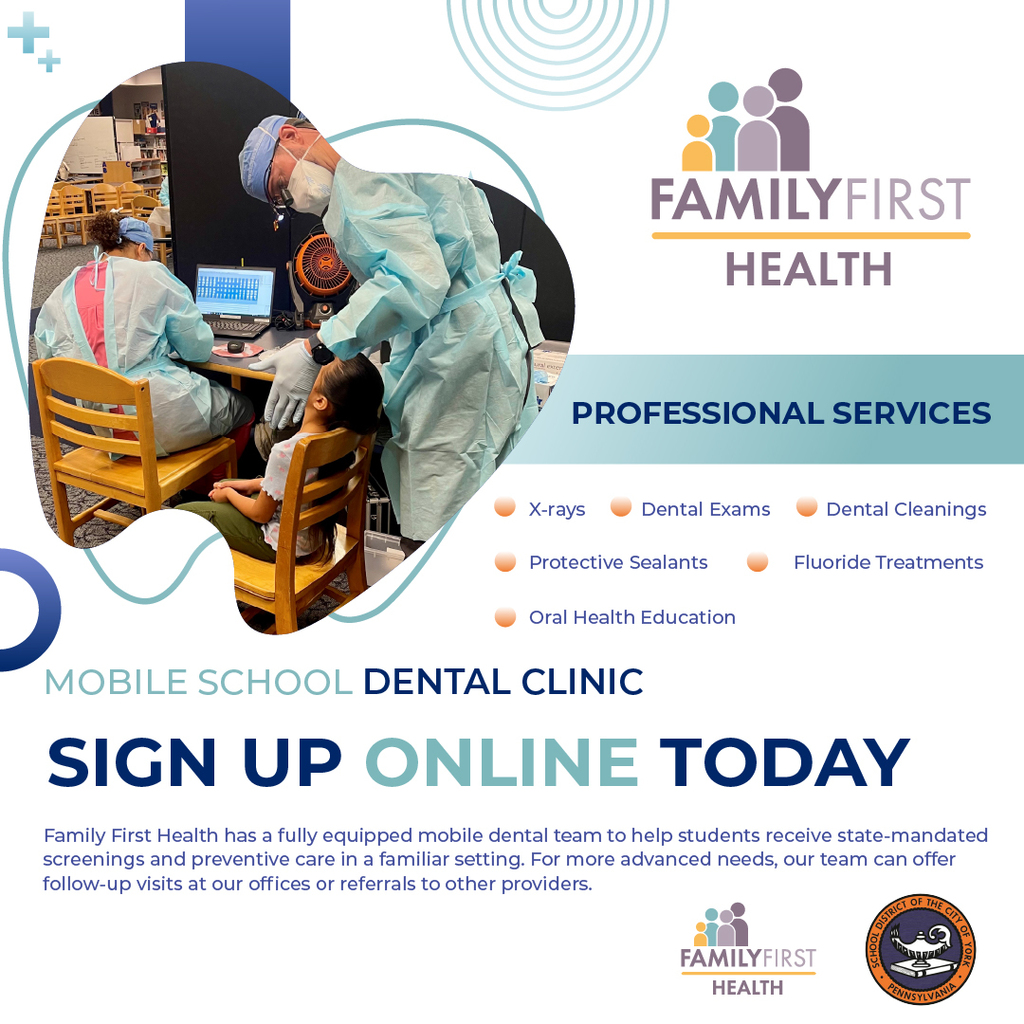 Image promoting Family First Health's mobile school dental clinic. It shows a dentist and assistant treating a child in a cheerful setting. Services offered include X-rays, dental exams, cleanings, protective sealants, and fluoride treatments. The text encourages signing up online.