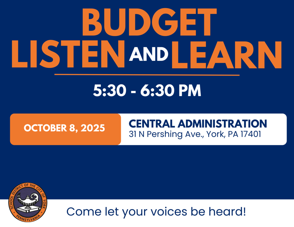 Event announcement for "Budget Listen and Learn" Meeting on October 8, 2025, in York, PA. Join to share your input!