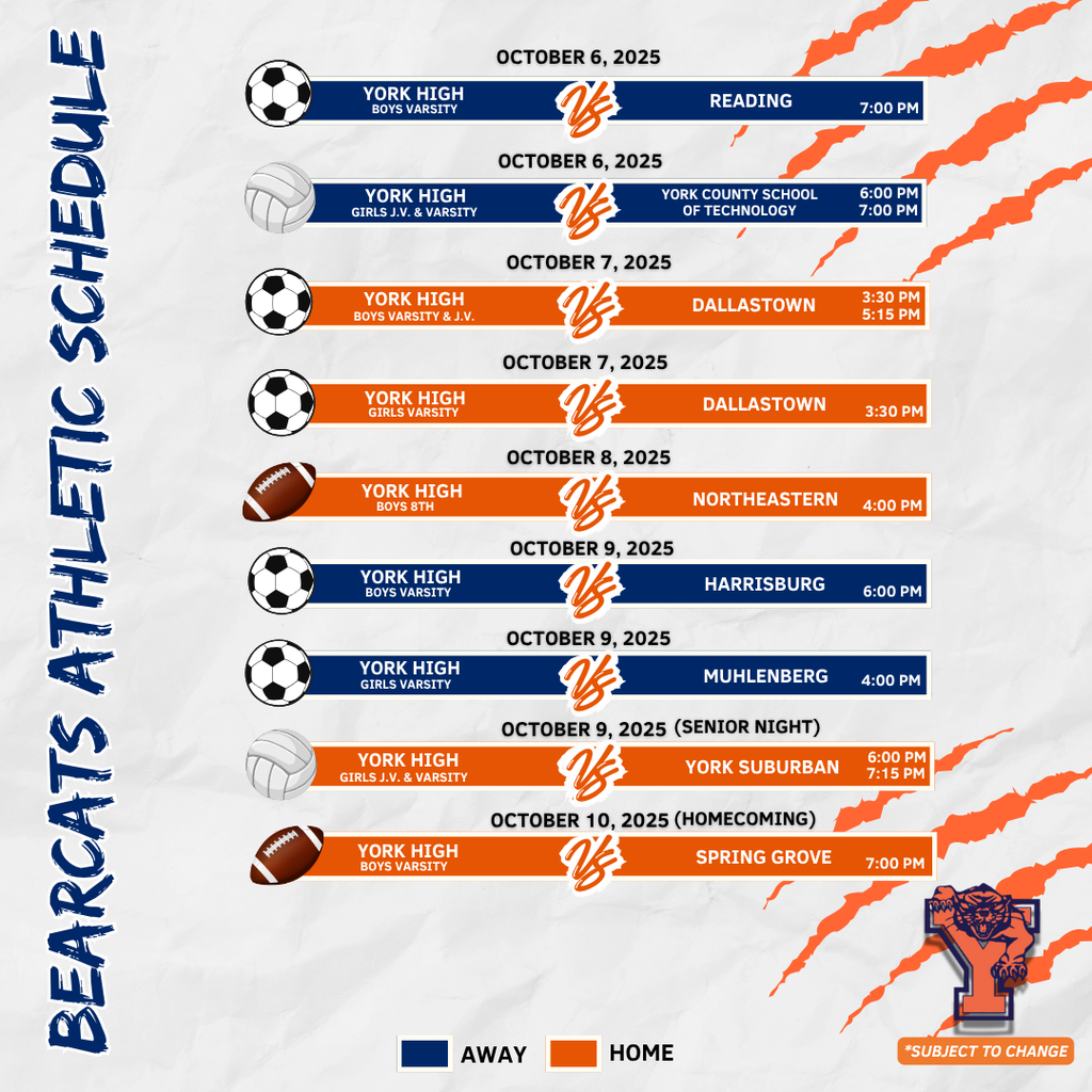 Bearcats Athletic Schedule for the School District of the City of York.