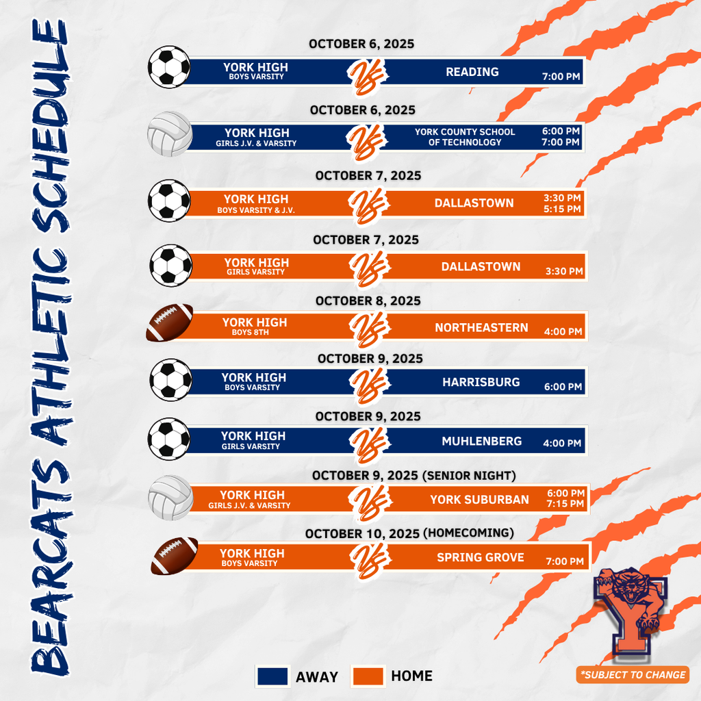 Bearcats Athletic Schedule for the School District of the City of York.