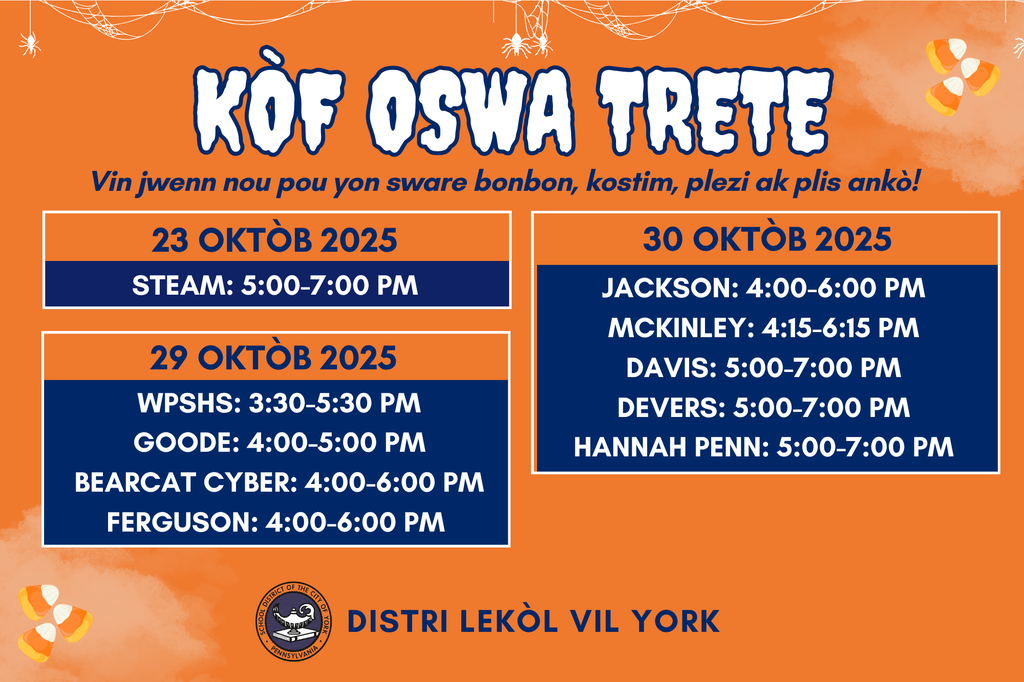 Orange and navy flyer with Halloween theme, "Trunk or Treat" dates and times for the School District of the City of York on October 23, October 29, and October 30, 2025. The School District of York's logo is displayed at the bottom of the graphic.