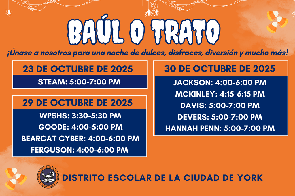 Orange and navy flyer with Halloween theme, "Trunk or Treat" dates and times for the School District of the City of York on October 23, October 29, and October 30, 2025. The School District of York's logo is displayed at the bottom of the graphic.