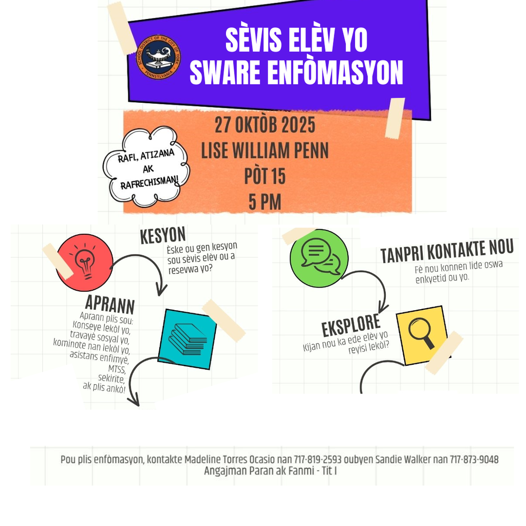 Graphic promoting the School District of the City of York's Student Services Information Night on October 27, 2025 at William Penn Senior High School at 5 PM (Door #15).