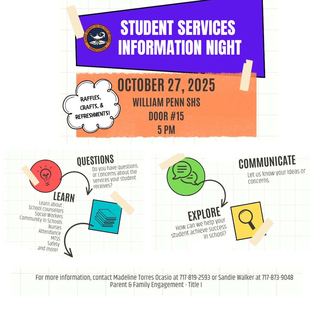 Graphic promoting the School District of the City of York's Student Services Information Night on October 27, 2025 at William Penn Senior High School at 5 PM (Door #15).