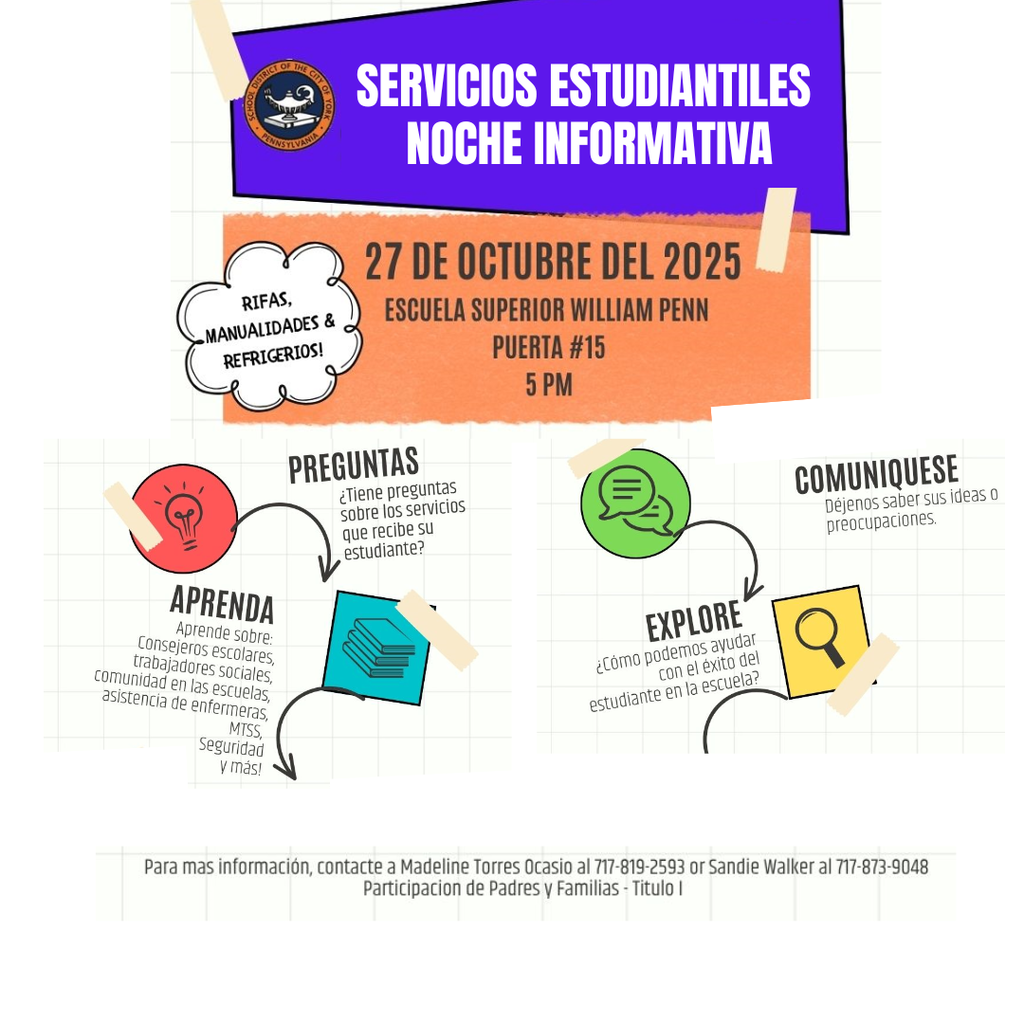 Graphic promoting the School District of the City of York's Student Services Information Night on October 27, 2025 at William Penn Senior High School at 5 PM (Door #15).