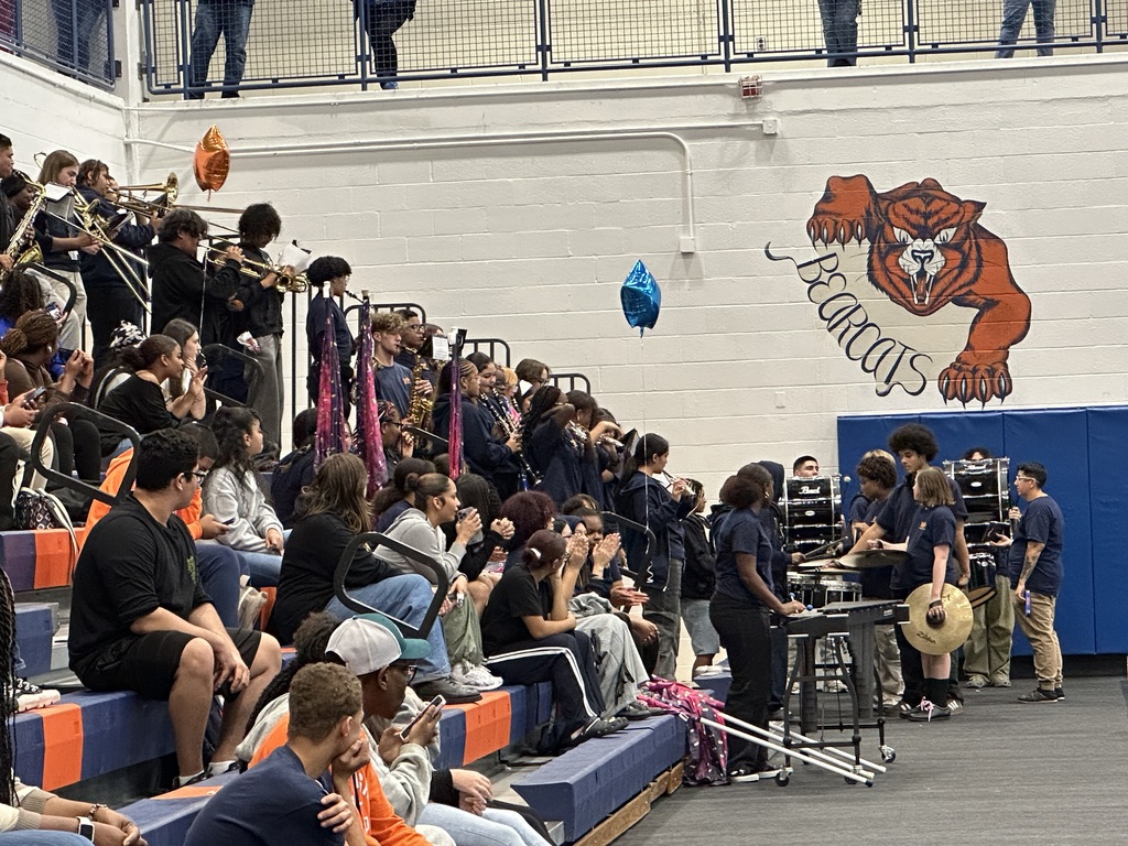 York High Band performing energetically in a gym beside other students and staff who are sitting on bleachers. "Bearcats" and mascot art are on the wall, with orange and blue balloons.
