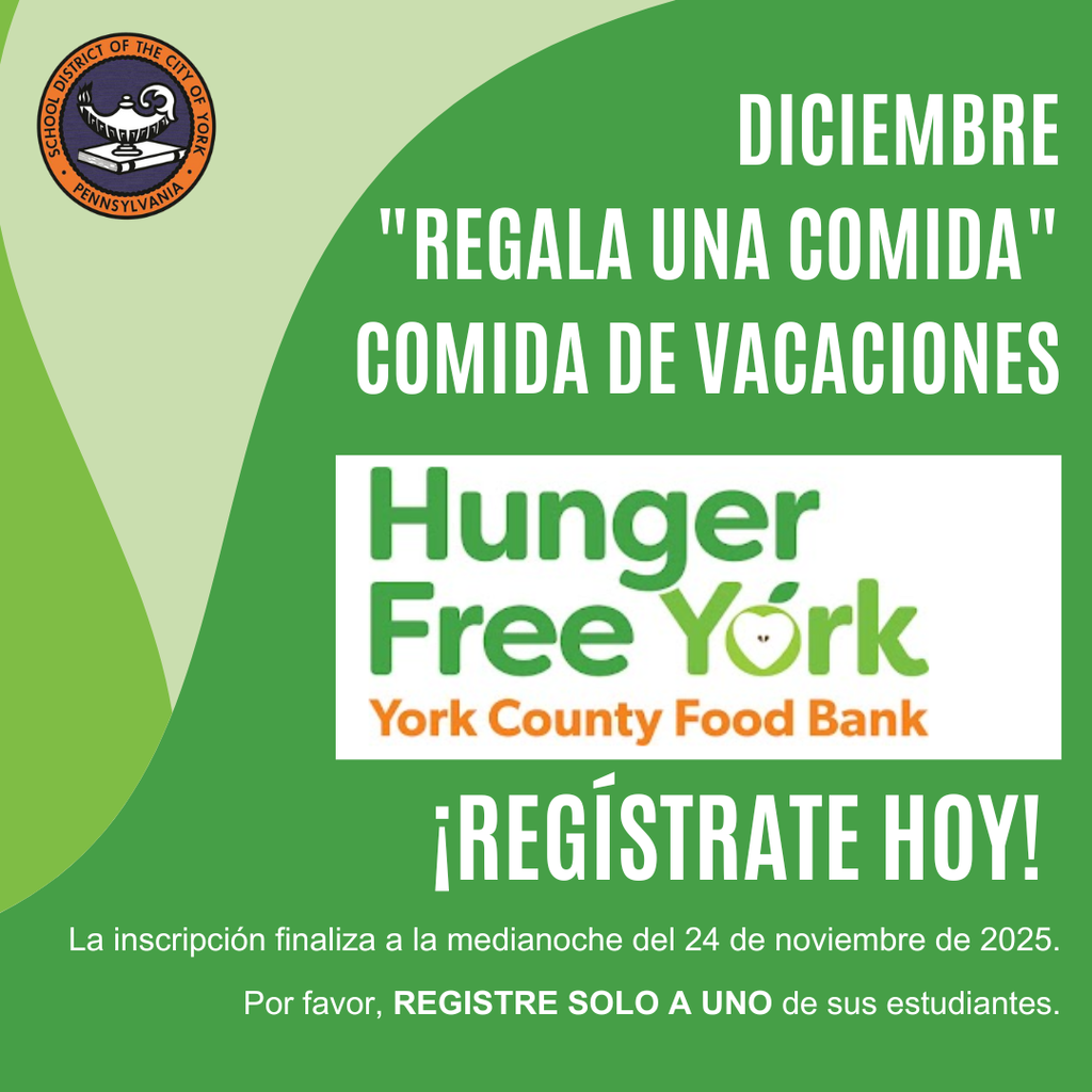 Green graphic for the York County Food Bank and the School District of the City of York's December "Give a Meal", urging registration by November 24, 2025. Features the School District of the City of York's logo.