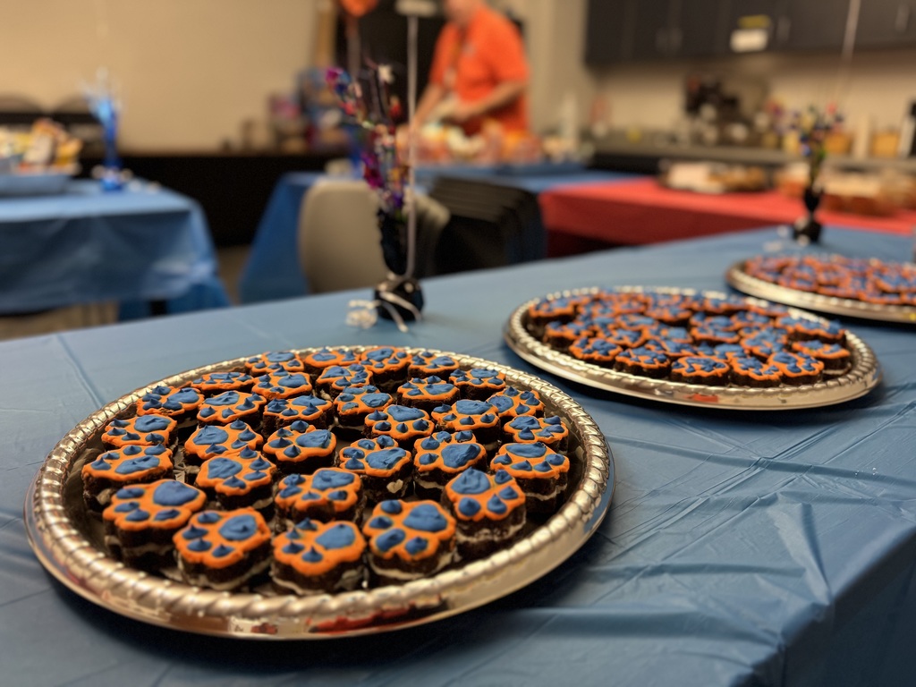 Plates of cupcakes decorated with blue and orange paw designs are sitting on a blue tablecloth in a festive room. A person in orange is visible in the background.